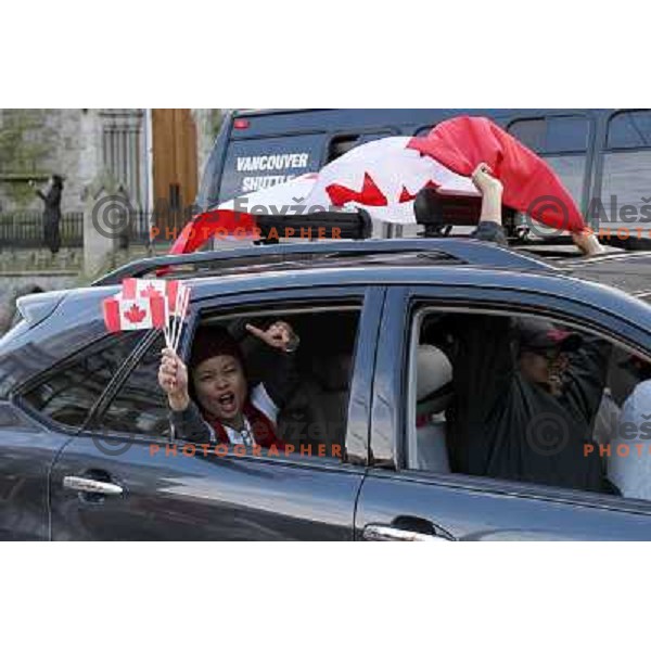 Celebration parade in downtown Vancouver after Canada Ice hockey team beat USA and won gold medal 28.2.2010, Vancouver 2010 Winter Olympic Games, Canada 