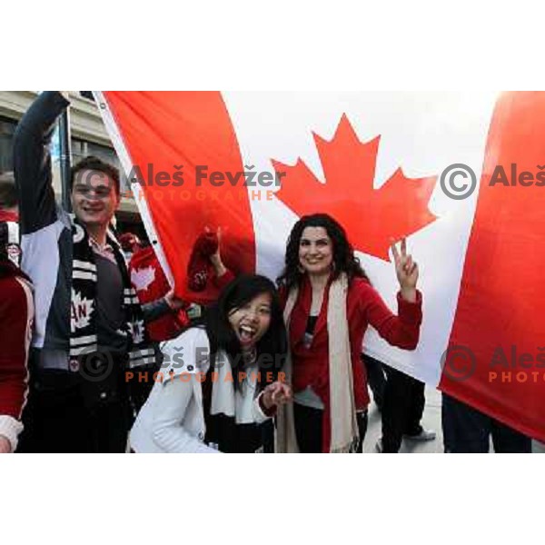 Celebration parade in downtown Vancouver after Canada Ice hockey team beat USA and won gold medal 28.2.2010, Vancouver 2010 Winter Olympic Games, Canada 