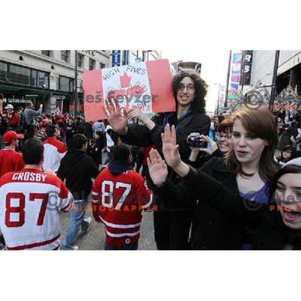 Celebration parade in downtown Vancouver after Canada Ice hockey team beat USA and won gold medal 28.2.2010, Vancouver 2010 Winter Olympic Games, Canada 