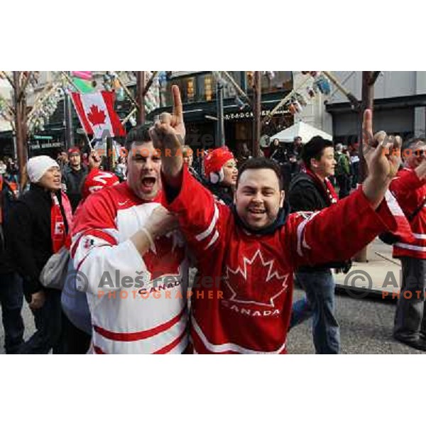 Celebration parade in downtown Vancouver after Canada Ice hockey team beat USA and won gold medal 28.2.2010, Vancouver 2010 Winter Olympic Games, Canada 