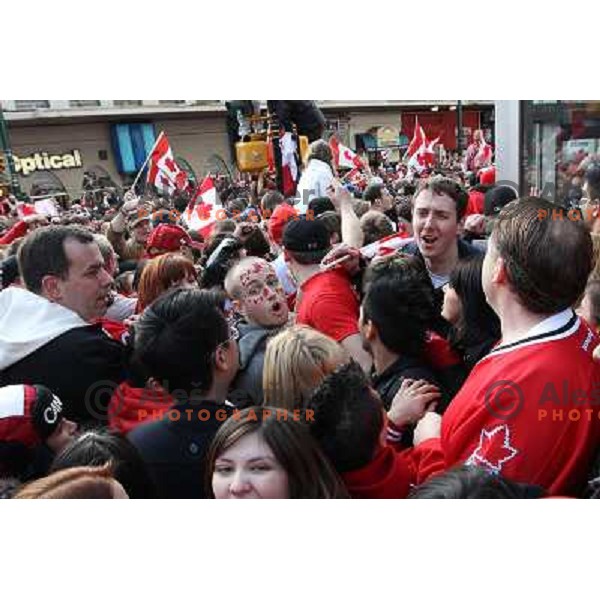 Celebration parade in downtown Vancouver after Canada Ice hockey team beat USA and won gold medal 28.2.2010, Vancouver 2010 Winter Olympic Games, Canada 