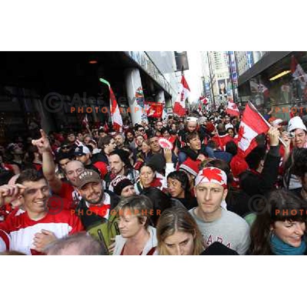 Celebration parade in downtown Vancouver after Canada Ice hockey team beat USA and won gold medal 28.2.2010, Vancouver 2010 Winter Olympic Games, Canada 