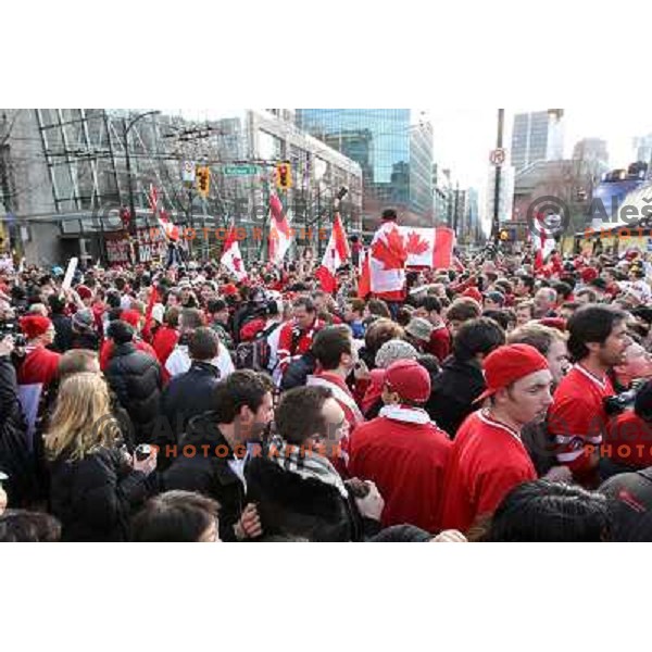 Celebration parade in downtown Vancouver after Canada Ice hockey team beat USA and won gold medal 28.2.2010, Vancouver 2010 Winter Olympic Games, Canada 