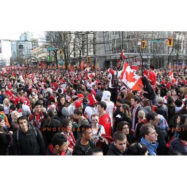 Celebration parade in downtown Vancouver after Canada Ice hockey team beat USA and won gold medal 28.2.2010, Vancouver 2010 Winter Olympic Games, Canada 