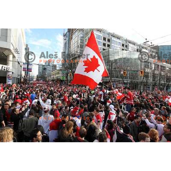 Celebration parade in downtown Vancouver after Canada Ice hockey team beat USA and won gold medal 28.2.2010, Vancouver 2010 Winter Olympic Games, Canada 