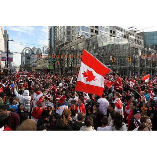 Celebration parade in downtown Vancouver after Canada Ice hockey team beat USA and won gold medal 28.2.2010, Vancouver 2010 Winter Olympic Games, Canada 