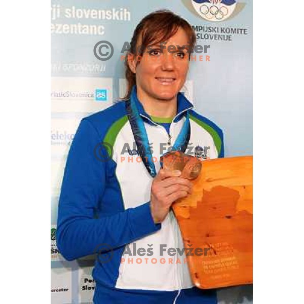 Petra Majdic, bronze medalist in Cross-country from Winter Olympic Games in Vancouver during reception at Airport Joze Pucnik, Brnik, Slovenia 1.3.2010 