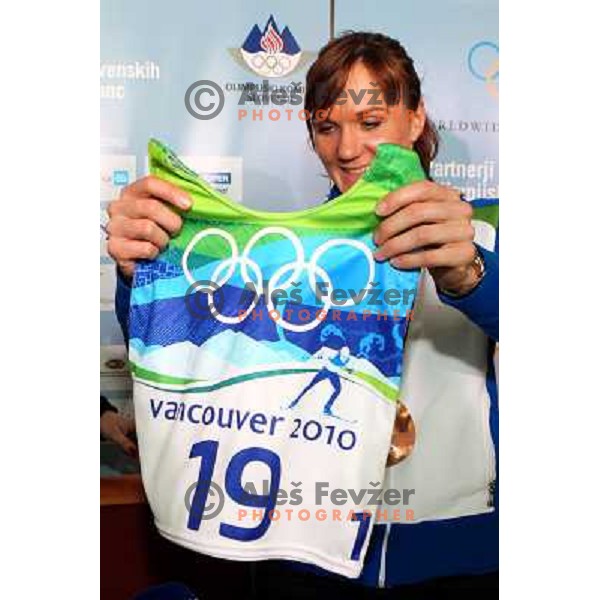 Petra Majdic, bronze medalist in Cross-country from Winter Olympic Games in Vancouver during reception at Airport Joze Pucnik, Brnik, Slovenia 1.3.2010 