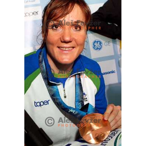 Petra Majdic, bronze medalist in Cross-country from Winter Olympic Games in Vancouver during reception at Airport Joze Pucnik, Brnik, Slovenia 1.3.2010 