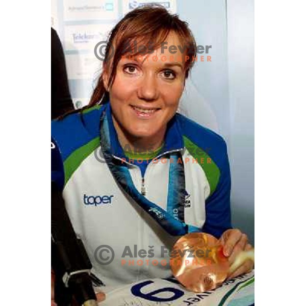 Petra Majdic, bronze medalist in Cross-country from Winter Olympic Games in Vancouver during reception at Airport Joze Pucnik, Brnik, Slovenia 1.3.2010 