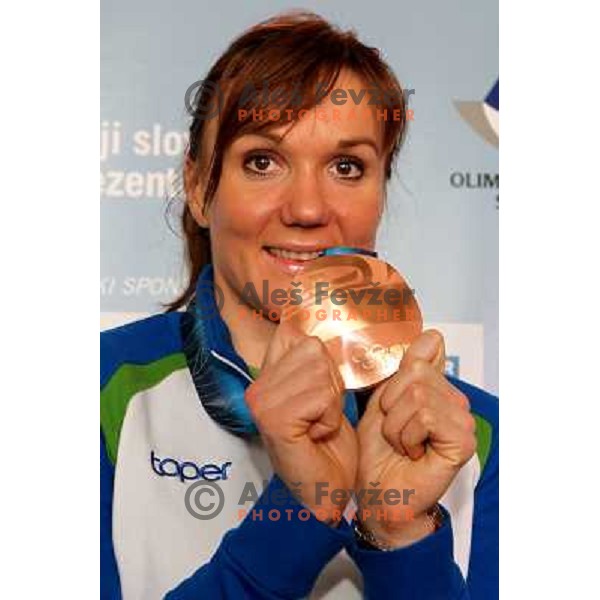Petra Majdic, bronze medalist in Cross-country from Winter Olympic Games in Vancouver during reception at Airport Joze Pucnik, Brnik, Slovenia 1.3.2010 