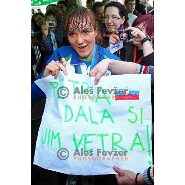 Petra Majdic, bronze medalist in Cross-country from Winter Olympic Games in Vancouver during reception at Airport Joze Pucnik, Brnik, Slovenia 1.3.2010 