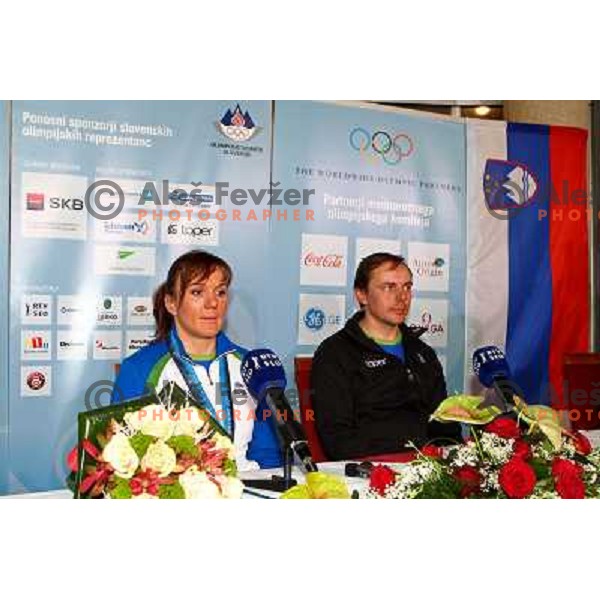 Petra Majdic, bronze medalist in Cross-country from Winter Olympic Games in Vancouver, and Ivan Hudac during reception at Airport Joze Pucnik, Brnik, Slovenia 1.3.2010 