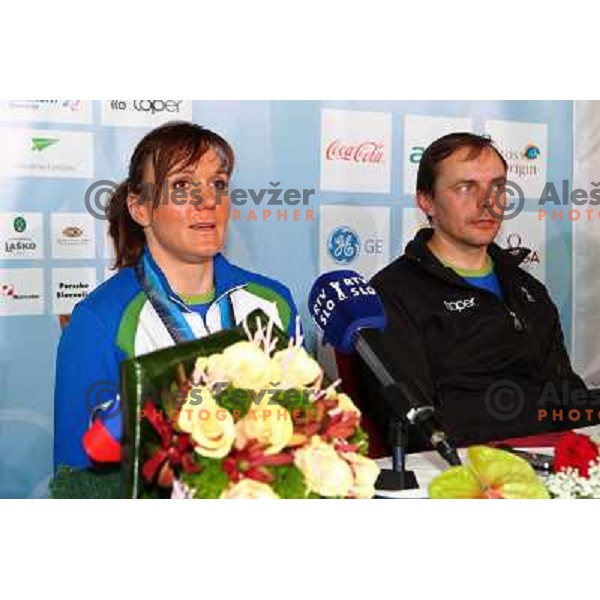 Petra Majdic, bronze medalist in Cross-country from Winter Olympic Games in Vancouver, and Ivan Hudac during reception at Airport Joze Pucnik, Brnik, Slovenia 1.3.2010 