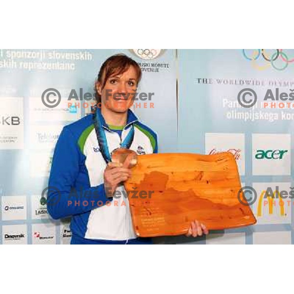 Petra Majdic, bronze medalist in Cross-country from Winter Olympic Games in Vancouver during reception at Airport Joze Pucnik, Brnik, Slovenia 1.3.2010 