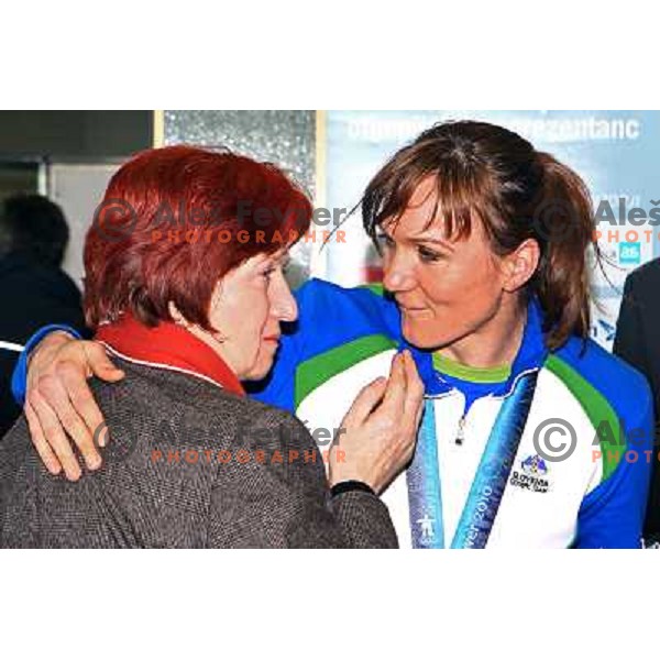 Petra Majdic, bronze medalist in Cross-country from Winter Olympic Games in Vancouver during reception at Airport Joze Pucnik, Brnik, Slovenia 1.3.2010 