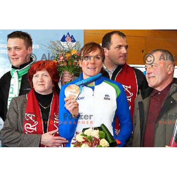 Petra Majdic, bronze medalist in Cross-country from Winter Olympic Games in Vancouver during reception at Airport Joze Pucnik, Brnik, Slovenia 1.3.2010 