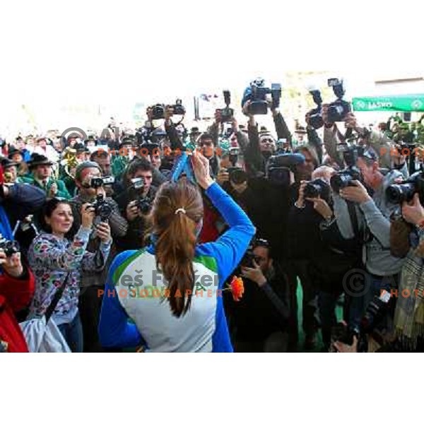 Petra Majdic, bronze medalist in Cross-country from Winter Olympic Games in Vancouver during reception at Airport Joze Pucnik, Brnik, Slovenia 1.3.2010 