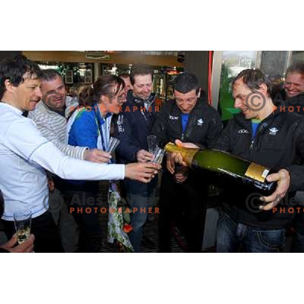 Ivan Hudac and Petra Majdic, bronze medalist in Cross-country from Winter Olympic Games in Vancouver during reception at Airport Joze Pucnik, Brnik, Slovenia 1.3.2010 