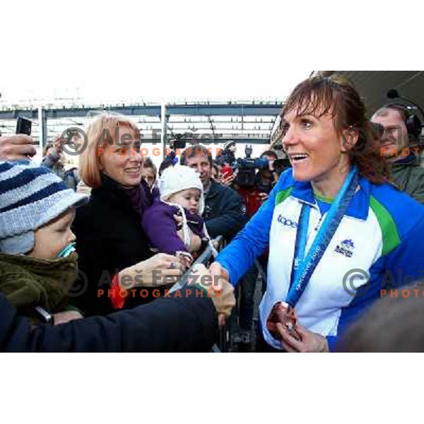 Petra Majdic, bronze medalist in Cross-country from Winter Olympic Games in Vancouver during reception at Airport Joze Pucnik, Brnik, Slovenia 1.3.2010 