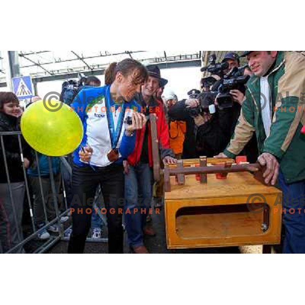 Petra Majdic, bronze medalist in Cross-country from Winter Olympic Games in Vancouver during reception at Airport Joze Pucnik, Brnik, Slovenia 1.3.2010 