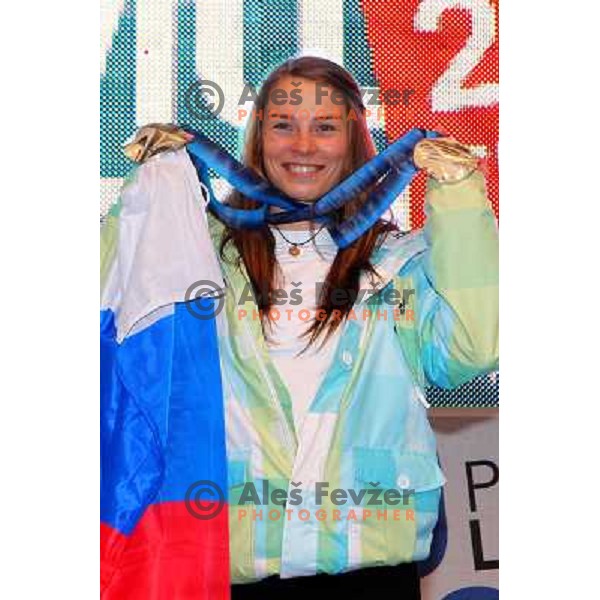Tina Maze, two times silver medalist in Alpine skiing from Winter Olympic Games in Vancouver during reception at Presernov trg, Ljubljana, Slovenia 28.2.2010 