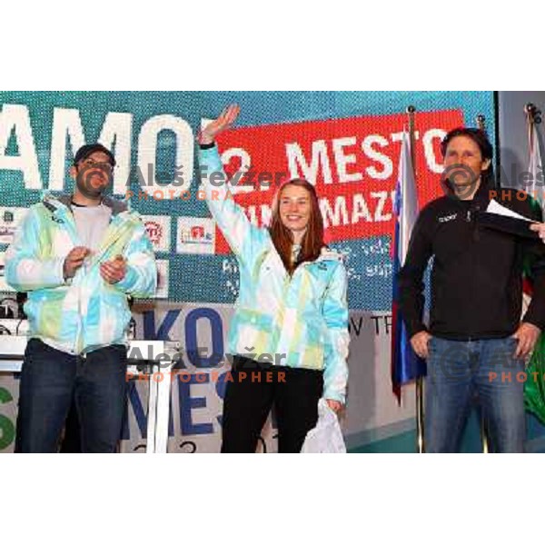 Andrej Jezersek, Tina Maze, two times silver medalist in Alpine skiing from Winter Olympic Games in Vancouver, and Andrea Massi during reception at Presernov trg, Ljubljana, Slovenia 28.2.2010 