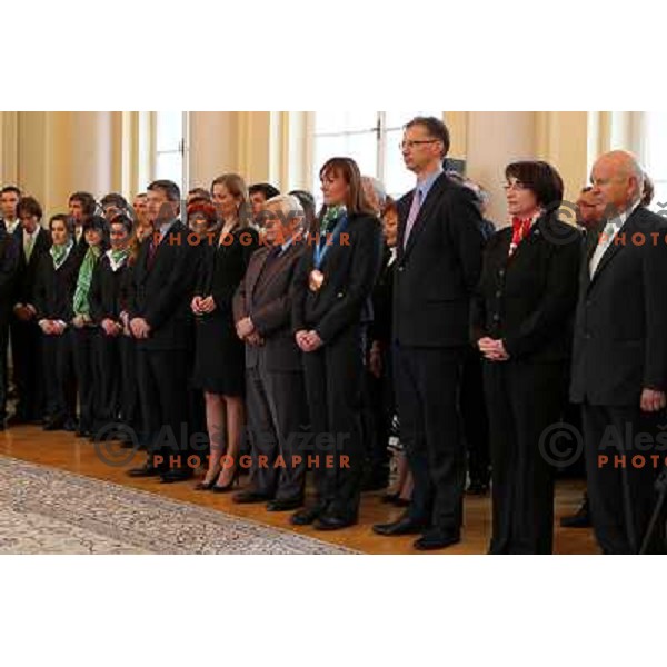 Katarina Kresal, Milan Kucan, Petra Majdic, Igor Luksic, Ljubica Jelusic and Janez Kocijancic at reception for Slovenian Olympic team by President of republic of Slovenia Dr. Danilo Turk 