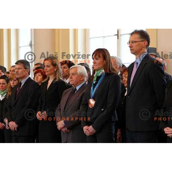 Katarina Kresal, Milan Kucan, Petra Majdic and Igor Luksic at reception for Slovenian Olympic team by President of republic of Slovenia Dr. Danilo Turk 