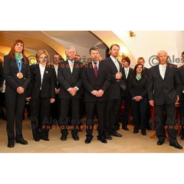 Petra Majdic, Tone Vogrinec, Janez Kocjancic at reception for Slovenian Olympic team by Mayor of Ljubljana Zoran Jankovic 