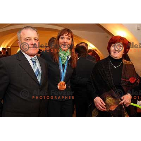 Petra Majdic with parents at reception for Slovenian Olympic team by Mayor of Ljubljana Zoran Jankovic 