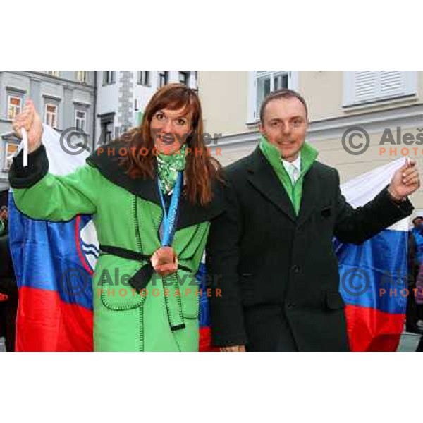 Petra Majdic and Ivan Hudac at reception for Slovenian Olympic team at Presernov trg 
