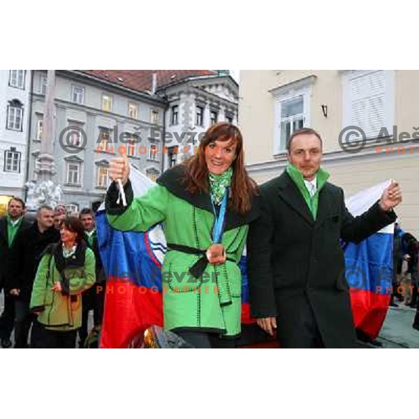 Petra Majdic and Ivan Hudac at reception for Slovenian Olympic team at Presernov trg 