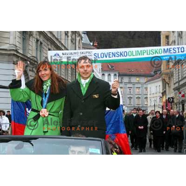 Petra Majdic and Ivan Hudac at reception for Slovenian Olympic team at Presernov trg 