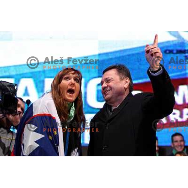 Petra Majdic and Zoran Jankovic at reception for Slovenian Olympic team at Presernov trg 