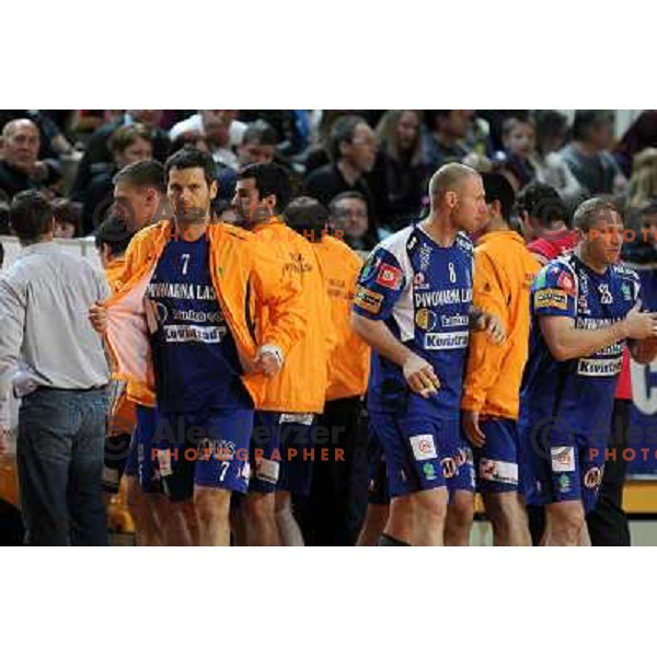 Renato Vugrinec, Ales Pajovic, Edo Koksarov in action during handaball match RK Cimos Koper- RK Celje Pivovarna Lasko in MIK 1.liga, played in Bonifika Hall, Koper, Slovenia 6.3.2010 