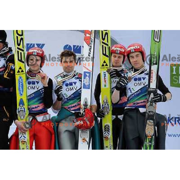 Finland team during medal ceremony of team world cup ski jumping, 21.3.2010, Planica 