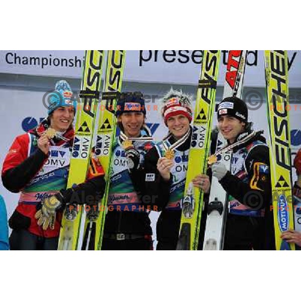 Austria team during medal ceremony of team world cup ski jumping, 21.3.2010, Planica 
