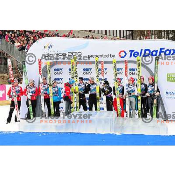 Norway, Austrian, Finland (L-R) teams at podium at medal ceremony in team world cup ski jumping, 21.3.2010, Planica 