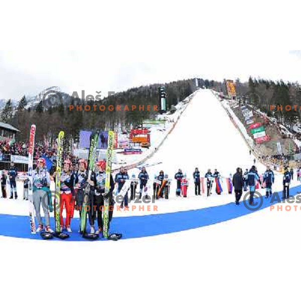 Austria team (winners) in front of planica after medal ceremony in team world cup ski jumping, 21.3.2010, Planica 