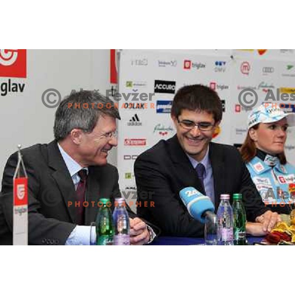 Stane Valant, Matjaz Rakovec and Petra Majdic at press conference of Slovenia Nordic ski team at Zavarovalnica Triglav, Ljubljana, Slovenia 16.3.2010 