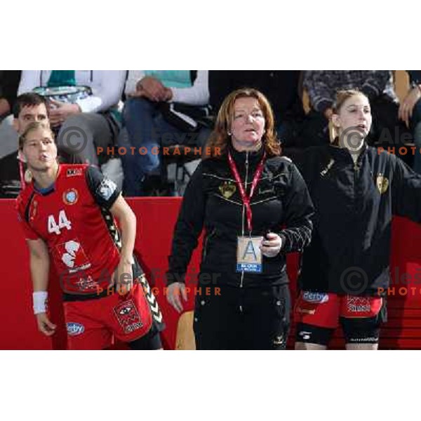 Maja Zrnec, Head coach of Krim Mercator Marta Bon and Tamara Mavsar watching action during handball match Krim Mercator- Gyor Audi Eto KC in women\'s Championsleague, played at Kodeljevo hall, Ljubljana, Slovenia 13.3.2010 