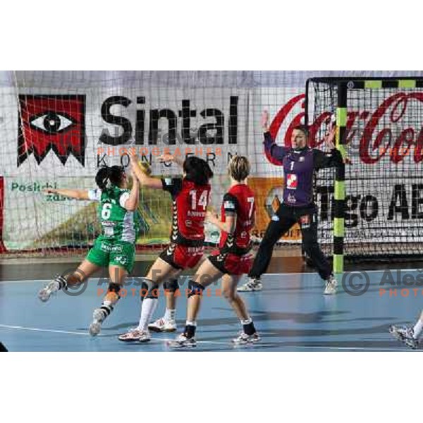 Verten (6), Bodnieva, Vergelyuk, Grubisic in action during handball match Krim Mercator- Gyor Audi Eto KC in women\'s Championsleague, played at Kodeljevo hall, Ljubljana, Slovenia 13.3.2010 