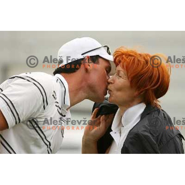 Matjaz Gojcic kisses his mother Slavka during Dobro Jutro Zlatarna Celje invitational golf tournament at Golf Course Ptuj, Slovenia 1.6.2007 