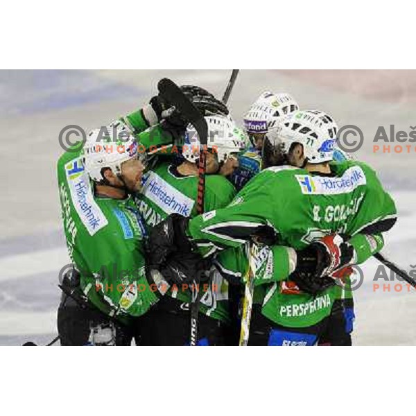 Olimpija players at the Ice hockey game Tilia Olimpija - Acroni Jesenice 3rd game played in the final of the slovenian ice hockey league ,Ljubljana, 26.03.2010, 