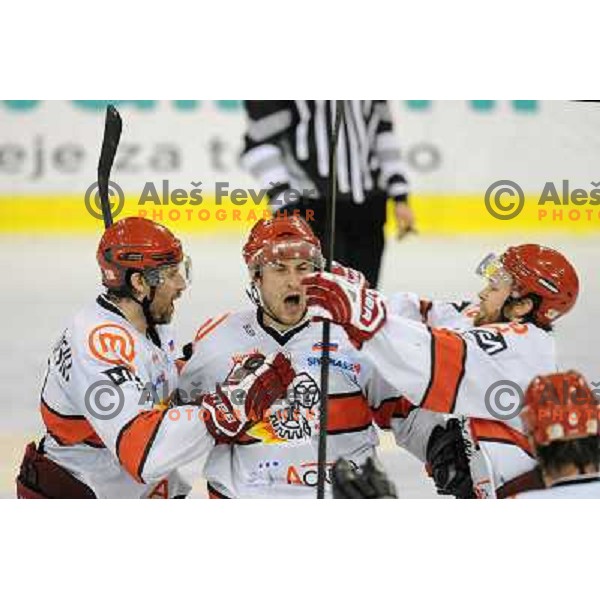 Jan Golubovski, Sabahudin Kovacevic, Andrej Hebar at the Ice hockey game Tilia Olimpija - Acroni Jesenice 3rd game played in the final of the slovenian ice hockey league ,Ljubljana, 26.03.2010, 