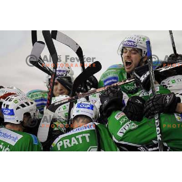 Olimpija players celebrate goal in overtime at the Ice hockey game Tilia Olimpija - Acroni Jesenice 3rd game played in the final of the slovenian ice hockey league ,Ljubljana, 26.03.2010, 