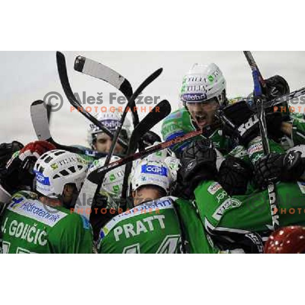 Olimpija players celebrate goal in overtime at the Ice hockey game Tilia Olimpija - Acroni Jesenice 3rd game played in the final of the slovenian ice hockey league ,Ljubljana, 26.03.2010, 