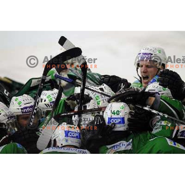 Olimpija players celebrate goal in overtime at the Ice hockey game Tilia Olimpija - Acroni Jesenice 3rd game played in the final of the slovenian ice hockey league ,Ljubljana, 26.03.2010, 