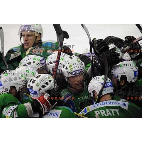 Olimpija players celebrate goal in overtime, Tommi Hannus in the middle at the Ice hockey game Tilia Olimpija - Acroni Jesenice 3rd game played in the final of the slovenian ice hockey league ,Ljubljana, 26.03.2010, 